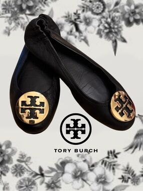 Tory Burch Minnie Travel Ballet Flats Black Gold Logo Size 7.5